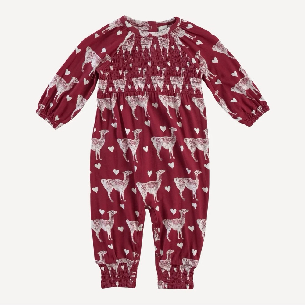 kate quinn Llama & Hearts baby girl bamboo romper Valentine’s Day red 3-6 months